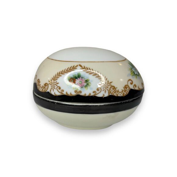 VTG Hand-Painted Porcelain China Egg Trinket Dish Floral Black Ivory "M" Japan - Picture 3 of 8